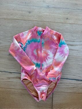 Crewcuts Kids Long-Sleeve Tie-Dye Rash Guard Swimsuit - Pink & Aqua
